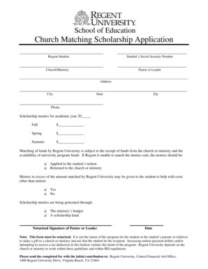 Fillable Online Regent Church Matching Scholarship Application Regent