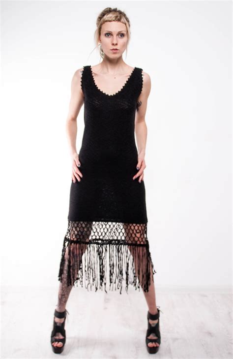 Crochet Dress Black Crochet Dress Small Black Dress Mini Lacy Fringe