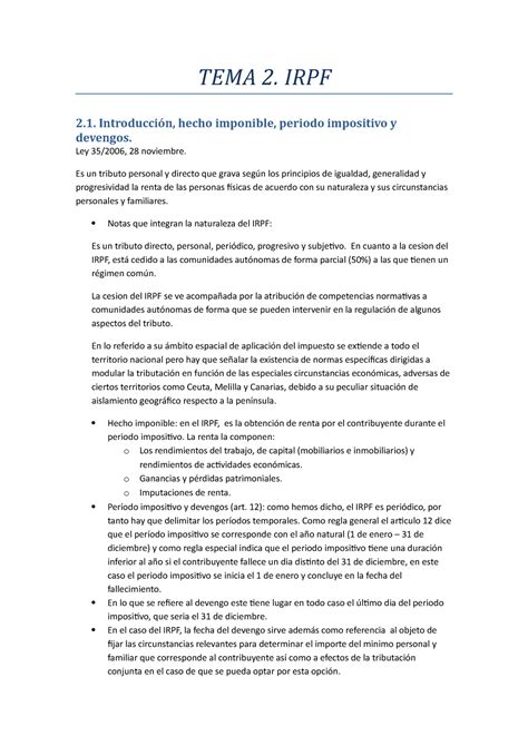 Tema 2 Régimen Fiscal Apuntes 2 Tema 2 Irpf 2 Introducción Hecho