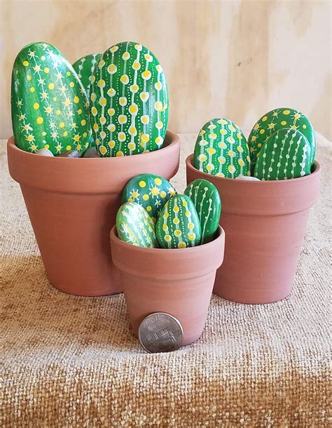 Southwestern Theme Cactus Plant Home Decor Hand Painted Desert Stone