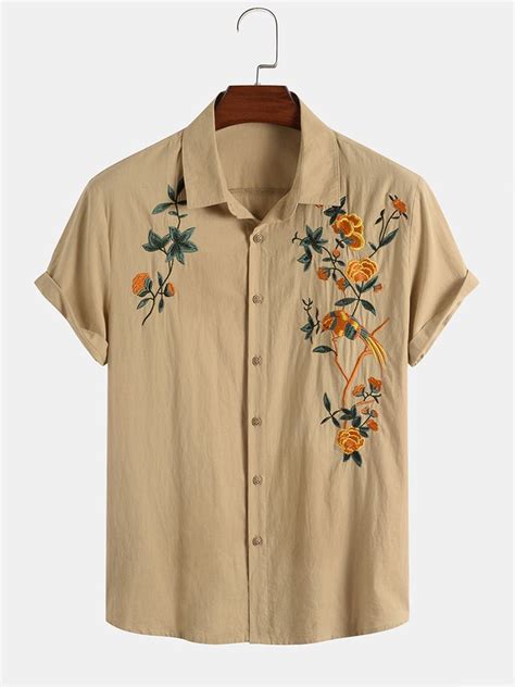 Mens Breathable Cotton Floral Embroidered Casual Button Up Shirt