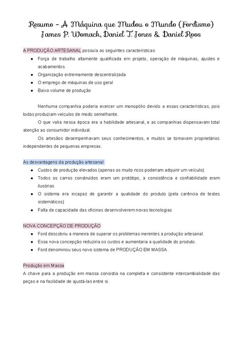 Resumo - James P. Womack - A máquina que mudou o mundo - Resumo A que