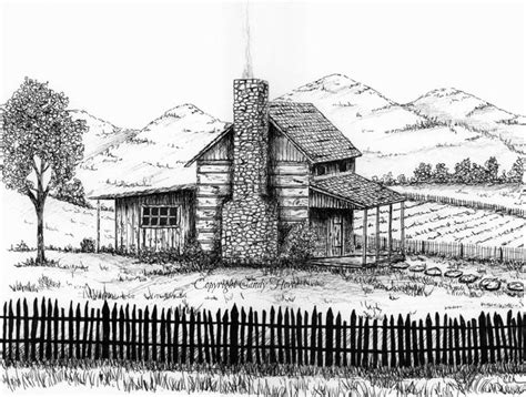 Log Cabin Print Country Cabin Landscape Cabins Pen And Ink Stone