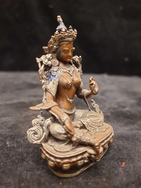 Buddhist Miniature Statue Of Green Tara Silver And Chocolate Oxidized