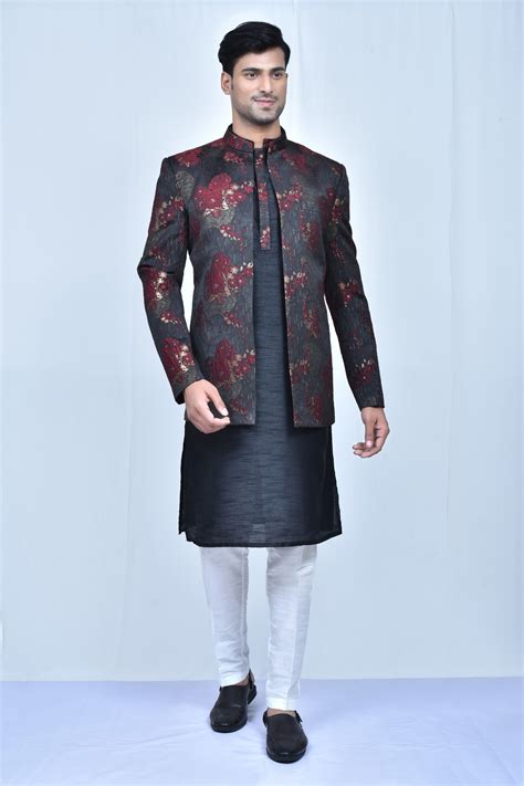 Buy Black Kurta And Pant Art Silk Printed Flower Prince Coat Set For