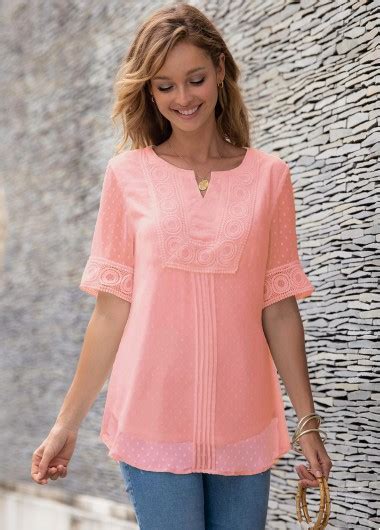 Rotita Lace Pink Split Neck Short Sleeve Blouse Usd 35 98