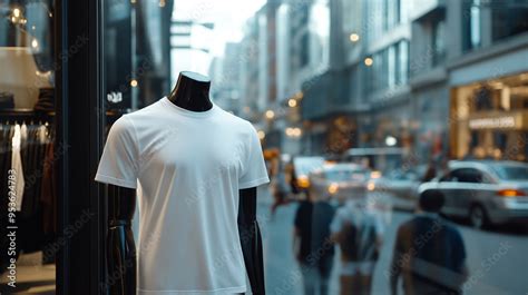 A Plain T Shirt Mockup Worn By A Mannequin Positioned In Front Of A