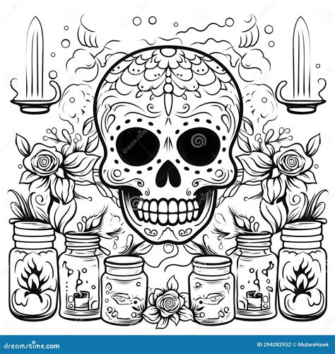 Painted Skull Decorated With Flowers And Various Jars Of Potions For