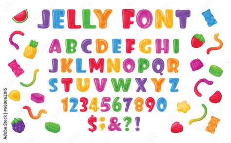 Cartoon jelly alphabet. Sweet gummy abc letters and numbers, chewy ...