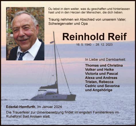 Traueranzeigen Von Reinhold Reif Trauer HNA De