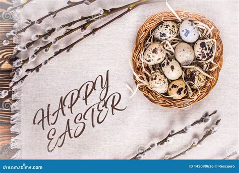 Happy Easter Background With Eggs In A Basket And Pussy Willow Stock Photo Image Of Eggs