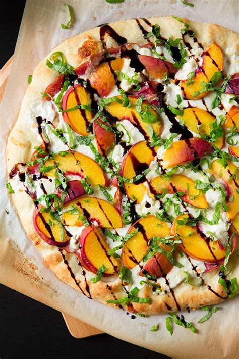 Three Cheese Peach And Prosciutto Pizza With Basil And Honey Balsamic