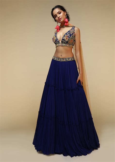 Buy Royal Blue Lehenga Choli With Plunging Neckline And Hand Embroidered Using Multi Colored