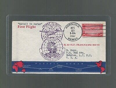 Us First Flight Cover Pan Am Map Honolulu To Babylon Via Macao Us