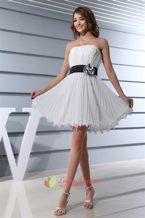 Short White Pleated Dress With Black Belt For Bachelorette Party White