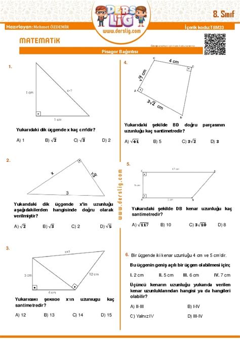 S N F Matematik Pisagor Ba Nt S Yaprak Test Derslig