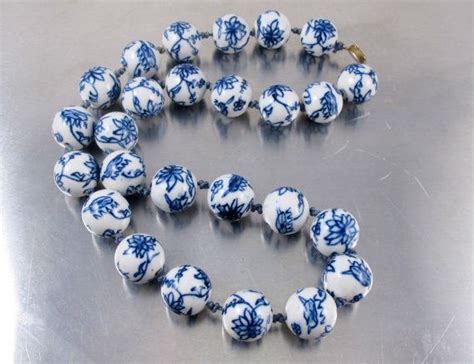 Chinese Porcelain Bead Necklace Large Blue White Painted Hand Etsy