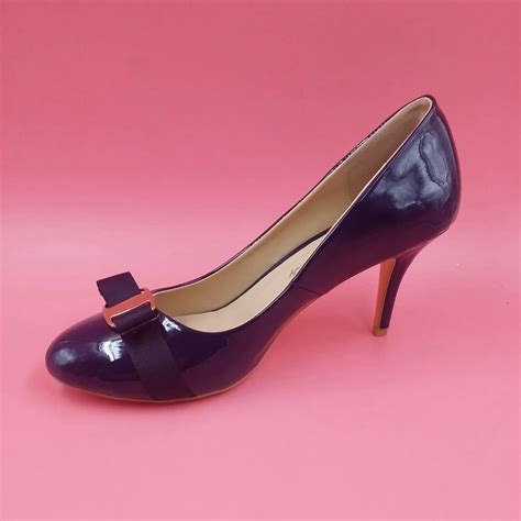 Navy Blue Patent Leather Round Toe Women Pumps Low Heels Bowknot Front