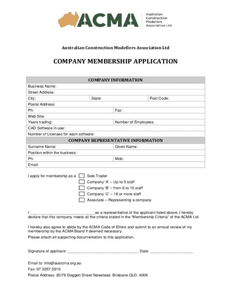 Fillable Online ACMA Membership Application Form For Companies Fax