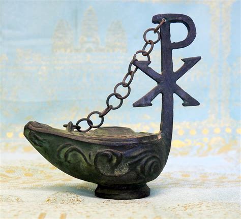 Vintage Bronzed Oil Lamp Chi Rho Christian Symbol Greek Good