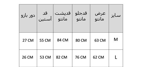 جدول سایز فروشگاه لباس نونا