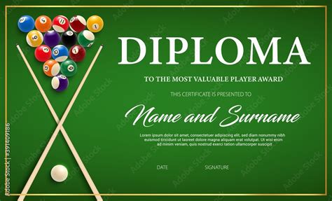 Diploma For The Winner Of Billiard Tournament Certificate Vector