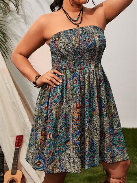 SHEIN VCAY Plus Size Allover Print Shirred Strapless Dress SHEIN USA