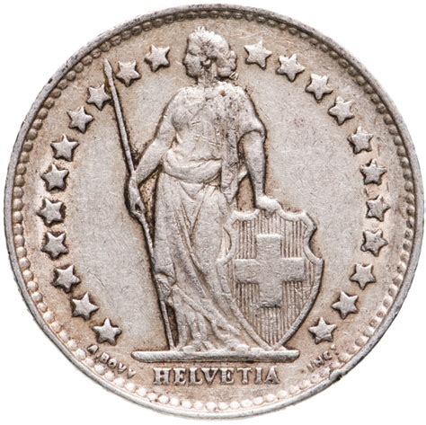 Монета Швейцария 1/2 франка 1952 стоимостью 588 руб.