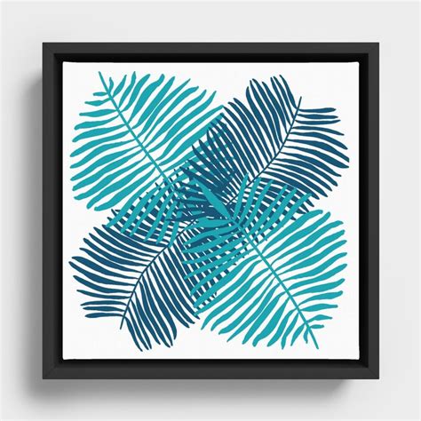 Modern Tropical Palm Leaves Painting Blue On White Background Framed