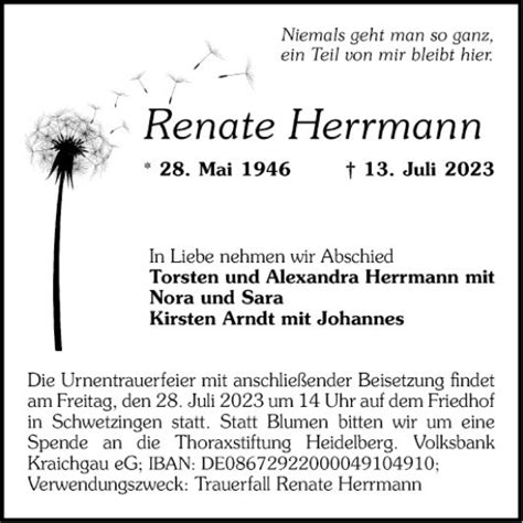 Traueranzeigen Von Renate Herrmann Trauerportal Ihrer Tageszeitung