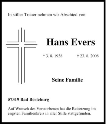 Traueranzeigen Von Hans Evers Trauer In Nrw De