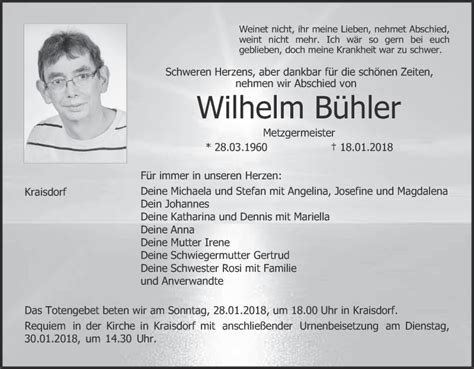 Wilhelm Bühler Traueranzeige trauer inFranken de