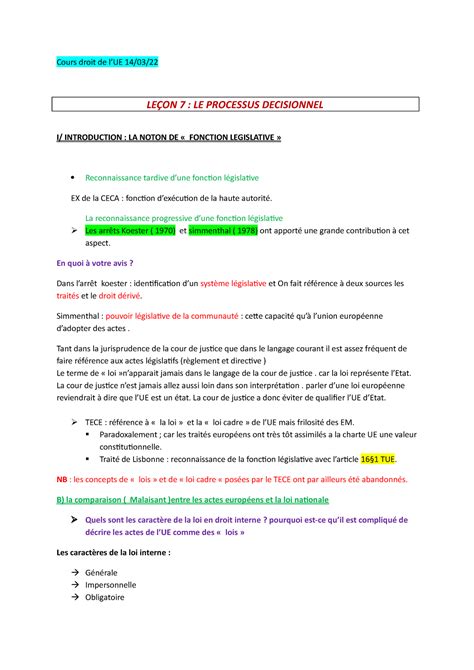 CM Droit de l union européenne leçon 7 le processus décisionnel