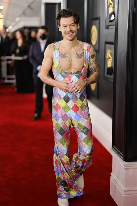 harry styles rocks rainbow overalls   grammys red carpet
