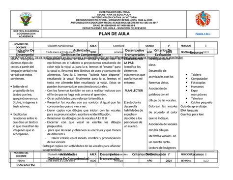 Plan De Aula Por Mes 2024 Primero SECRETARIA DE EDUCACION