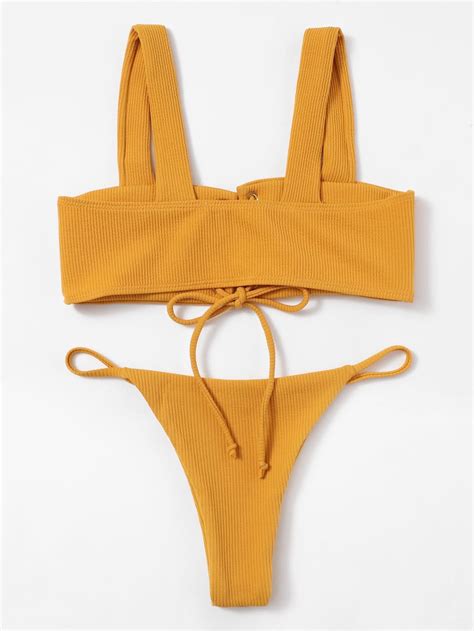 Lace Up Ribbed Bikini Set SheIn Sheinside