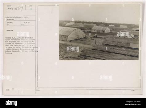 A photograph of a French aviation field in France during World War I. The field was used for ...