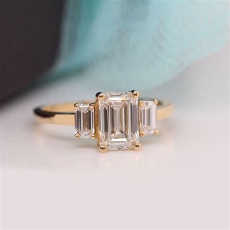 Emerald Cut 3 Stone Lab Diamond Engagement Ring In 18K Yellow Gold ...