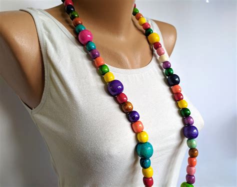 Multi Color Long Bead Necklaces For Womenlarge Wooden Bead Etsy