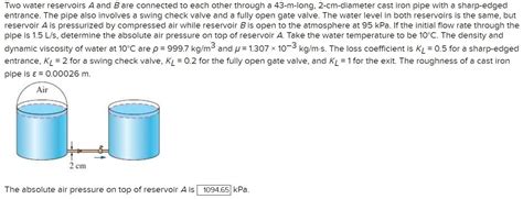 Solved Two Water Reservoirs A And B Are Connected To Each Chegg