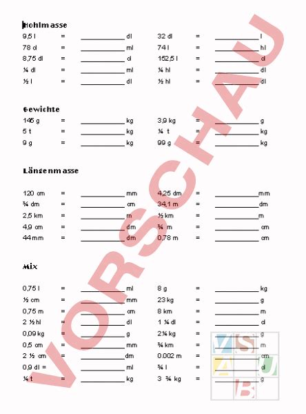 Arbeitsblatt Masseinheiten Mathematik Repetition