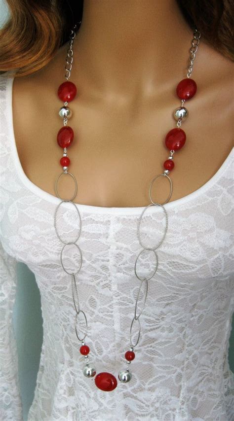 Long Red Necklace Red Bead Necklace Red Necklace Long Etsy Beaded Necklace Red Beaded