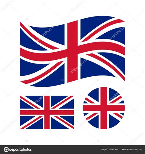 Great Britain Flag Set Rectangular Waving And Circle Union Jack Flag