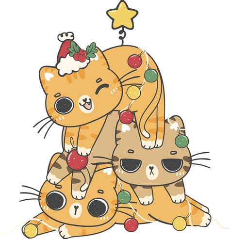 Group Of Three Ginger Kitten Cats Piled Up As A Christmas Tree Cartoon