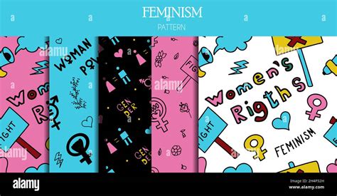 Set Of Seamless Patterns Doodle Signs Of Feminism Women S Rights Grunge Hand Drawn Vector