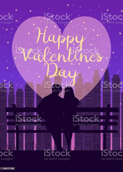 Happy Valentines Day Poster Retro Silhouette Loving Couple On The Bench At Night Stock