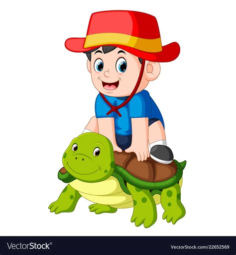 A Boy Is Sitting On Big Turtle Royalty Free Vector Image