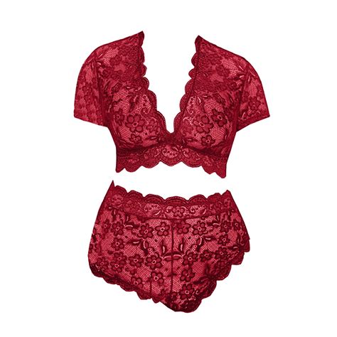 Bra Set For Women Plus Size V Neck High Waist Lingerie Hollow Out Floral Lace Bra And Panty