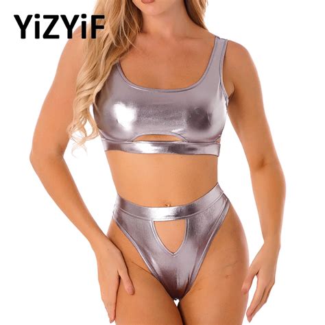 Women Sexy Bikini Lingerie Set Metallic Shiny Clubwear Rave Dance Pole Dancing Costume Open Back