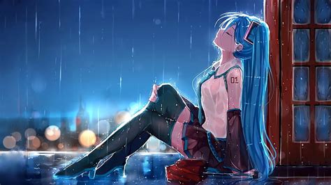 アニメの女子高生は、 雨の壁紙を感じ、 アニメ、 アニメの女の子、 初音ミク、 ボーカロイド、 長い髪、 夜、 雨、 髪飾り、 傘、 都市、 青い髪、 Hdデスクトップの壁紙